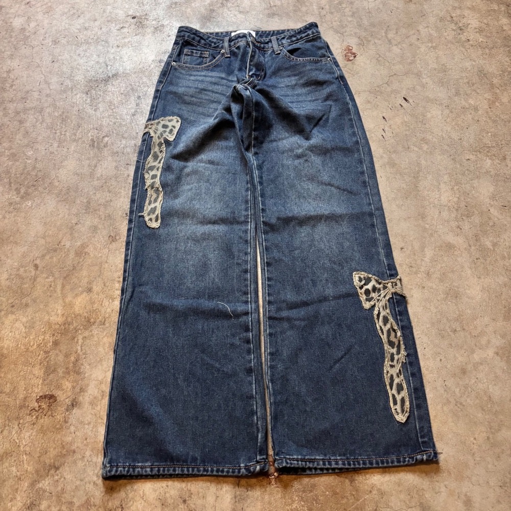 Angel Kiss Leopard Bow Jeans Wide Leg Dark Wash Coquette Y2K Size 00